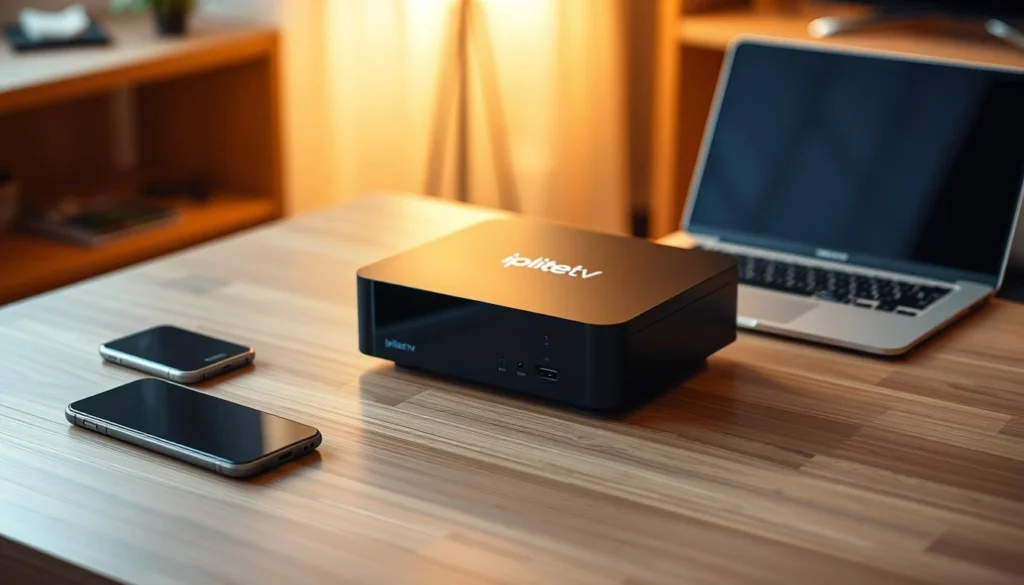 A modern and sleek IPTV set-top box sitting on a minimalist wooden table, with a laptop and smartphone nearby, all bathed in warm, diffused lighting. The box prominently displays the "Iplitetv" brand name, conveying a sense of high-quality and reliable IPTV service. The scene evokes a cozy, tech-savvy home environment, where the user can easily access a wide range of digital content with the touch of a button.