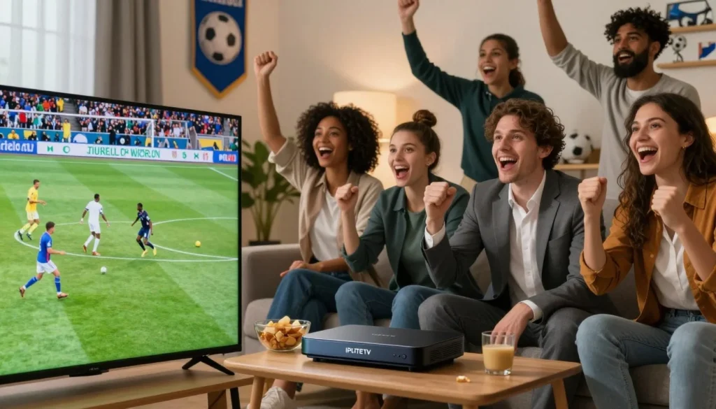 A vibrant scene depicting a group of diverse soccer fans enthusiastically watching the World Cup online, with a large screen displaying a lively soccer match in the foreground. The fans, dressed in professional business attire or modest casual clothing, are gathered around a modern living room with comfortable seating and snacks, creating a warm and inviting atmosphere. In the middle ground, a stylish IPTV device prominently features the brand name "IPLITETV". The background showcases a wall decorated with soccer memorabilia and banners, reflecting a celebratory mood. Soft, ambient lighting highlights their excitement and the dynamic energy of the game. Capture this moment from a slightly angled view, emphasizing the expressions of joy and anticipation on the fans’ faces.