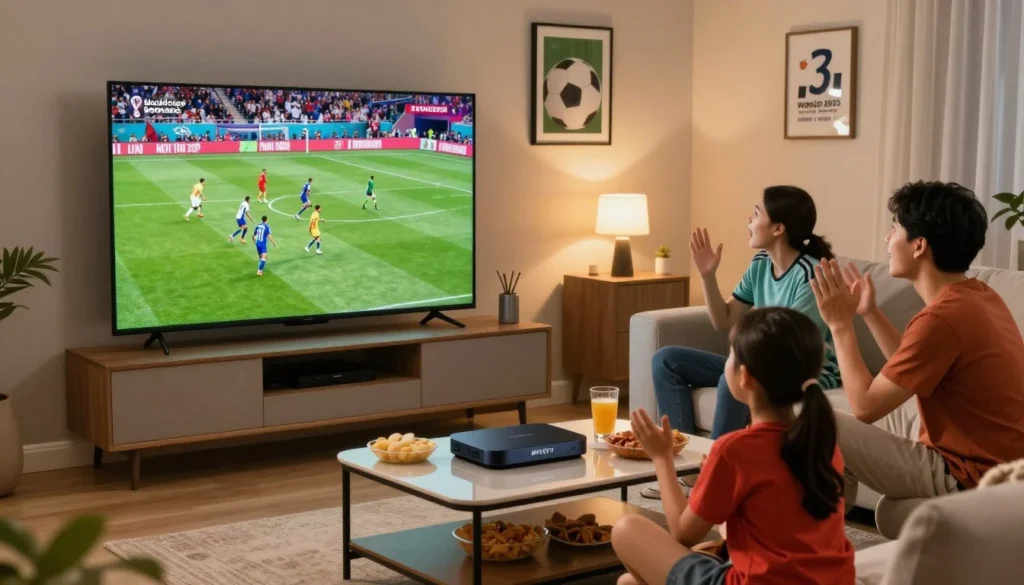 A cozy home living room setting prepared for streaming the World Cup 2026 live coverage. In the foreground, a large flat-screen TV displays vibrant, action-packed scenes from the tournament, with players in colorful uniforms mid-game. A family of four, dressed in casual, sporty attire, eagerly watches the match, their faces illuminated by the glow of the screen, expressing excitement. In the middle ground, a stylish coffee table holds snacks and beverages, while a modern IPTV device labeled "IPLITETV" sits prominently. The background features a well-decorated wall with soccer memorabilia, and soft ambient lighting enhances the warm atmosphere. Capture a wide-angle lens view to encapsulate the family dynamic and the buzz of a high-traffic sports event at home, invoking a sense of community and anticipation.
